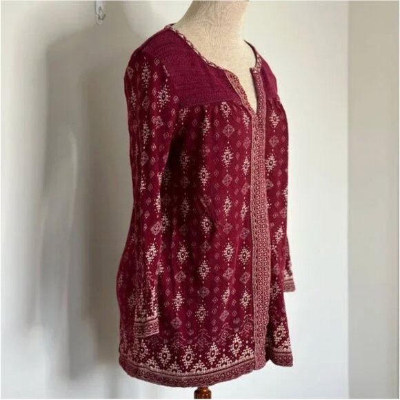 Lucky Brand Split Neck Boho Long Sleeve Knit Maroon Top Size Medium - Picture 3 of 5